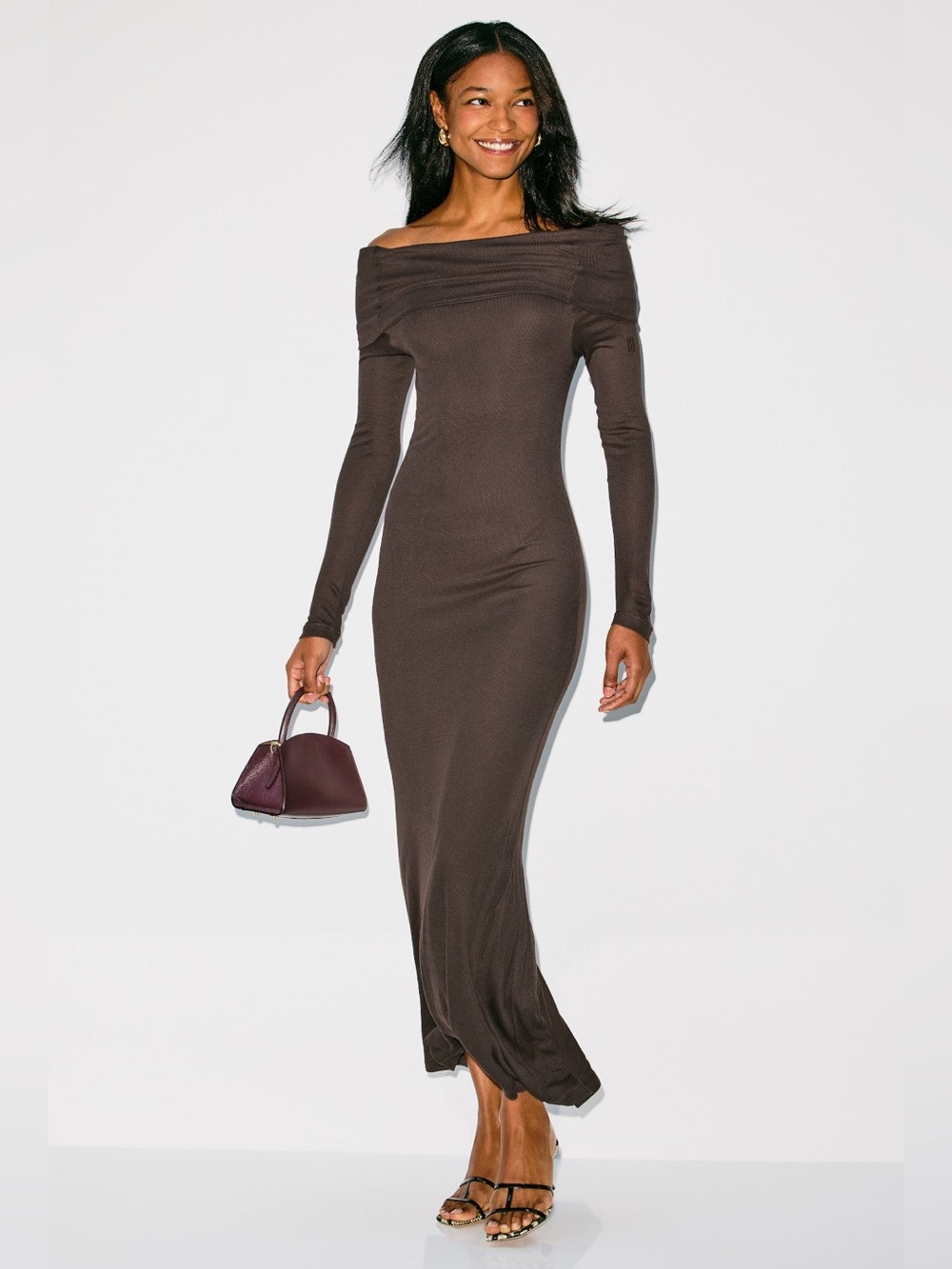 By Malene Birger Brown Off-the-Shoulder Long Sleeve Maxi Dress
